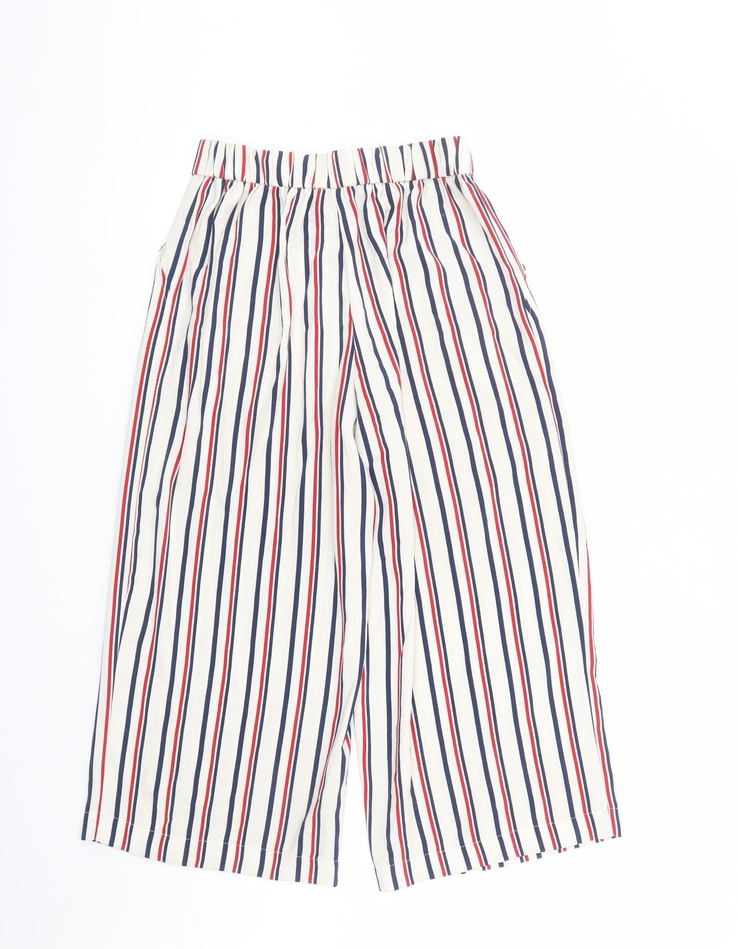 Zara Womens Ivory Striped Polyester Cropped Trousers Size S L22 in Regular - Elasticated Waist Pockets