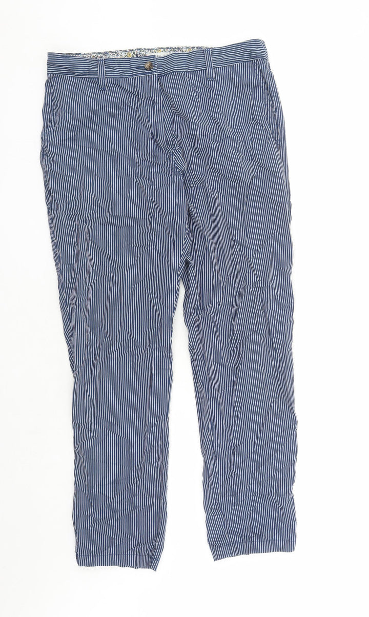 Marks and Spencer Womens Blue Striped Polyester Trousers Size 12 L28 in Regular Zip - Pockets