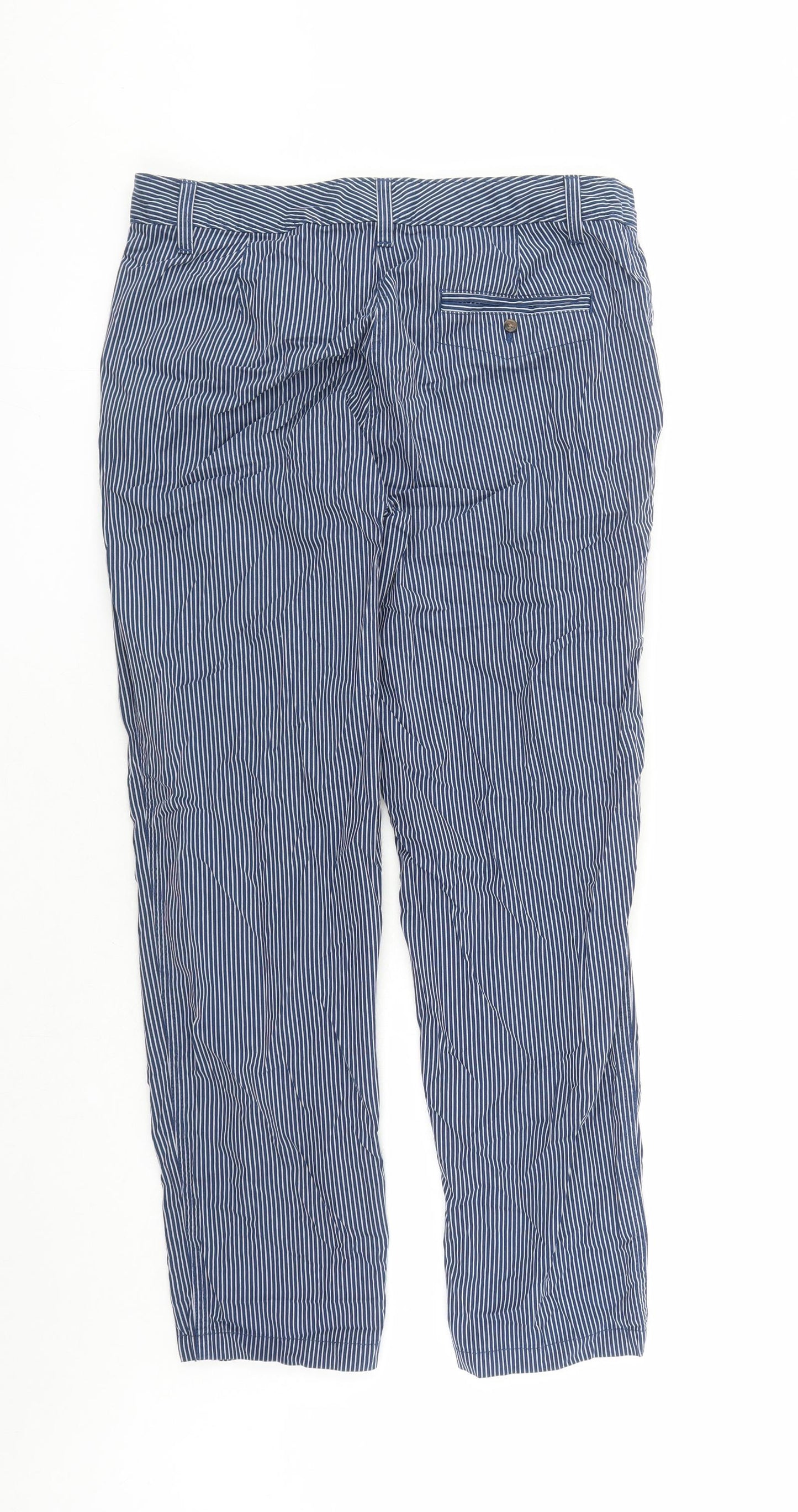 Marks and Spencer Womens Blue Striped Polyester Trousers Size 12 L28 in Regular Zip - Pockets