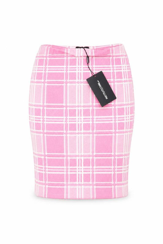 Front view of PRETTYLITTLETHING women’s pink plaid polyester bandage skirt, size UK 6, - elasticated waist