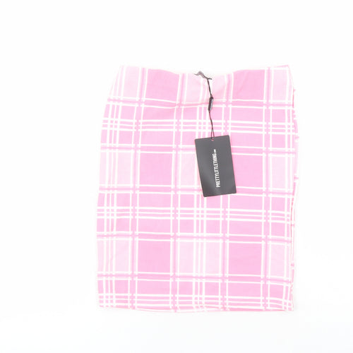 PRETTYLITTLETHING Womens Pink Plaid Polyester Bandage Skirt Size 6 - Elasticated Waist