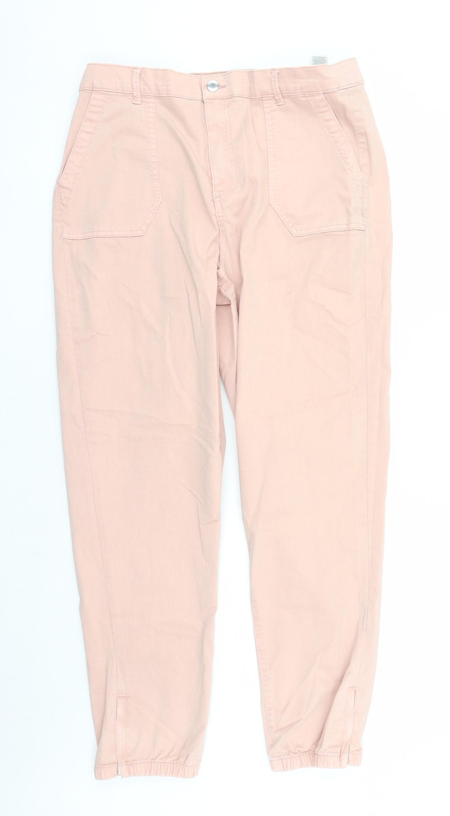 Marks and Spencer Womens Pink Cotton Tapered Jeans Size 16 L30 in Regular Zip - Elasticated Waist Zip Detail On Ankle