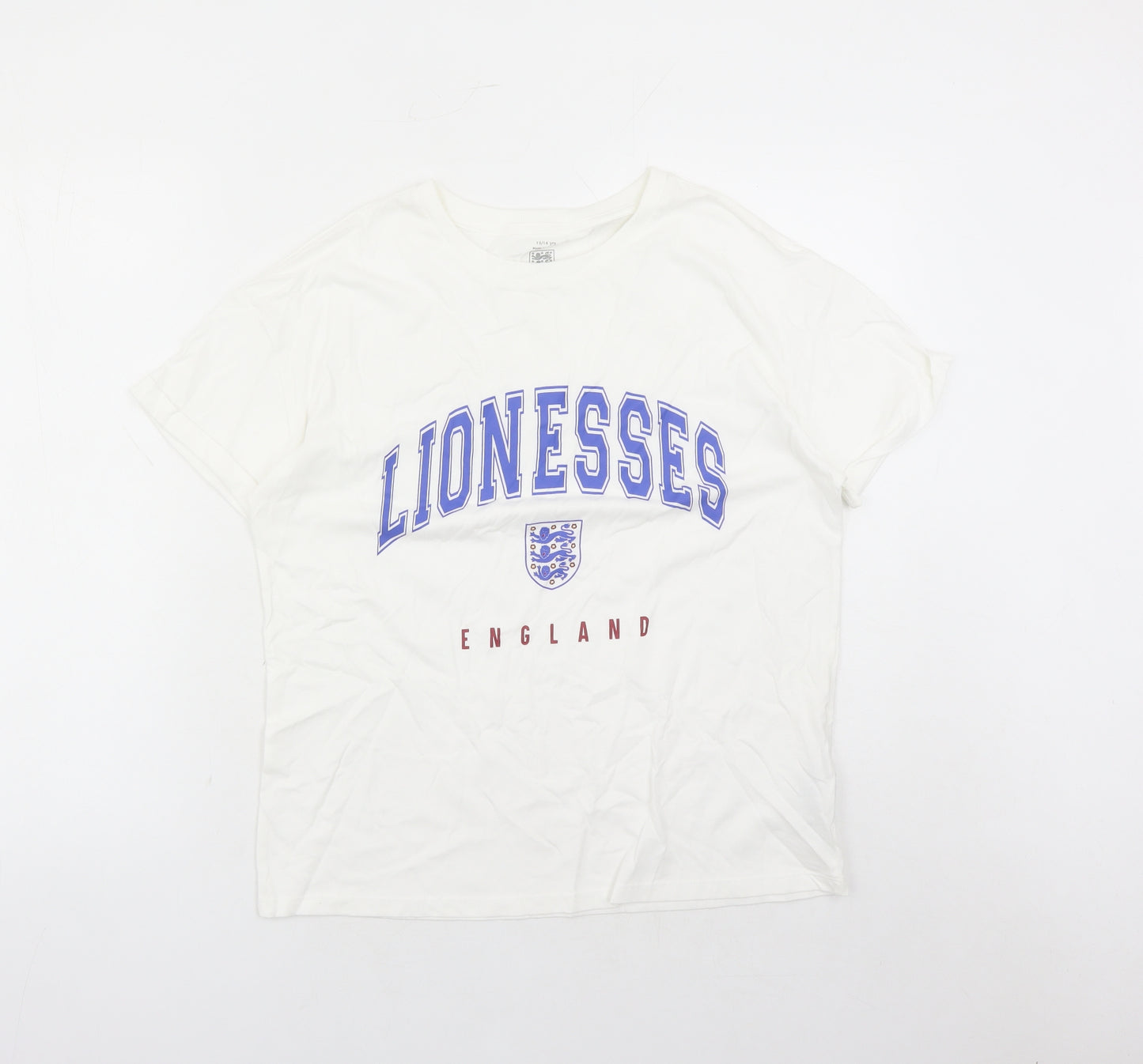 Marks and Spencer Girls White 100% Cotton Basic T-Shirt Size 13-14 Years Crew Neck Pullover - Lionesses Football England