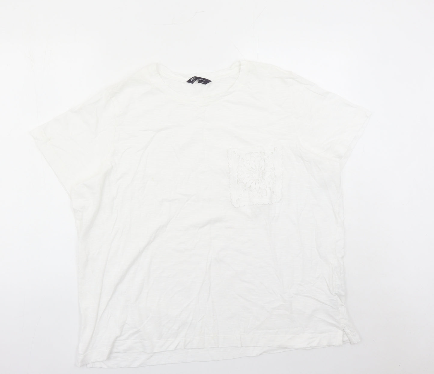 Marks and Spencer Womens White 100% Cotton Basic T-Shirt Size 20 Round Neck - Crochet Pocket Detail