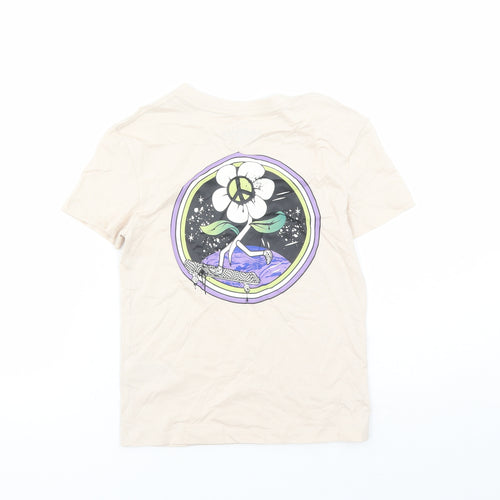 Marks and Spencer Boys Beige Cotton Basic T-Shirt Size 6-7 Years Crew Neck Pullover - Skateboard Flower Graphic