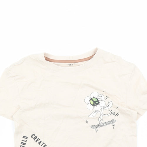 Marks and Spencer Boys Beige Cotton Basic T-Shirt Size 6-7 Years Crew Neck Pullover - Skateboard Flower Graphic