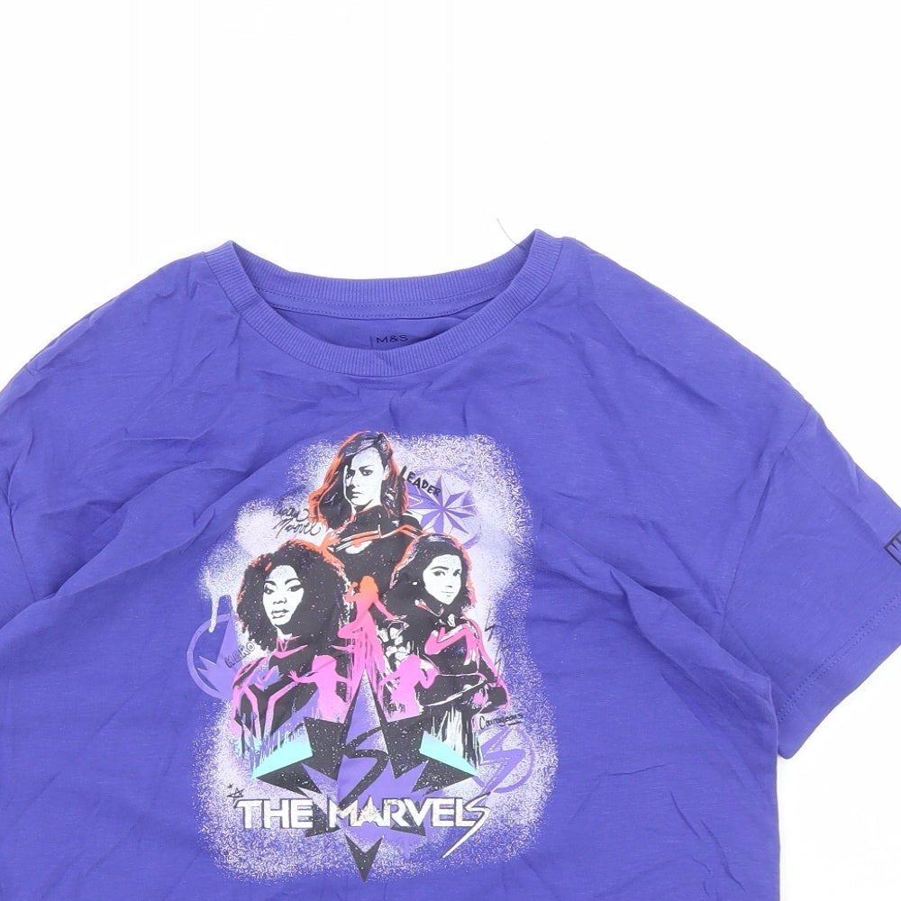 Marks and Spencer Girls Purple Cotton Basic T-Shirt Size 10-11 Years Crew Neck Pullover - Marvel