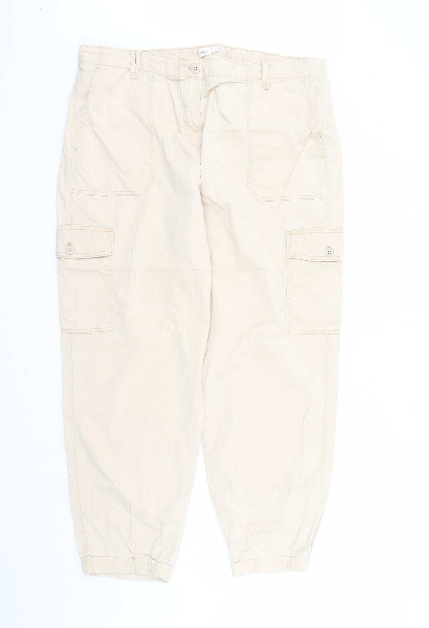 Marks and Spencer Womens Beige Lyocell Cargo Trousers Size 22 L29 in Regular Zip - Elasticated Waist Pockets