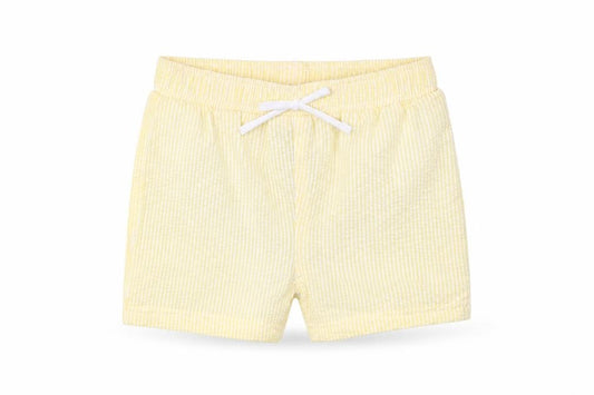 Front view of Marks & Spencer boys’ yellow striped cotton sweatpants, size 12-18, months - elasticated waist swim shorts