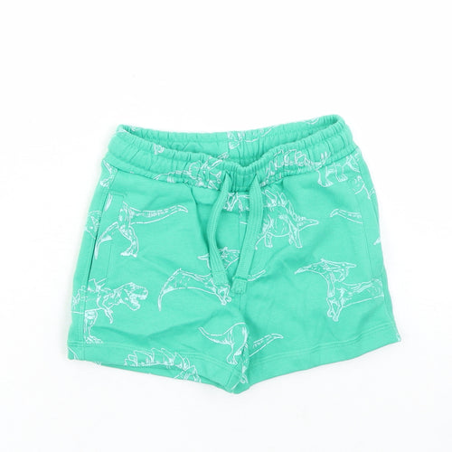 Marks and Spencer Boys Green Geometric Cotton Sweat Shorts Size 2-3 Years Regular Drawstring - Elasticated Waist Waist Size 20 Inches Inside Leg 3 Inches Dinosaur