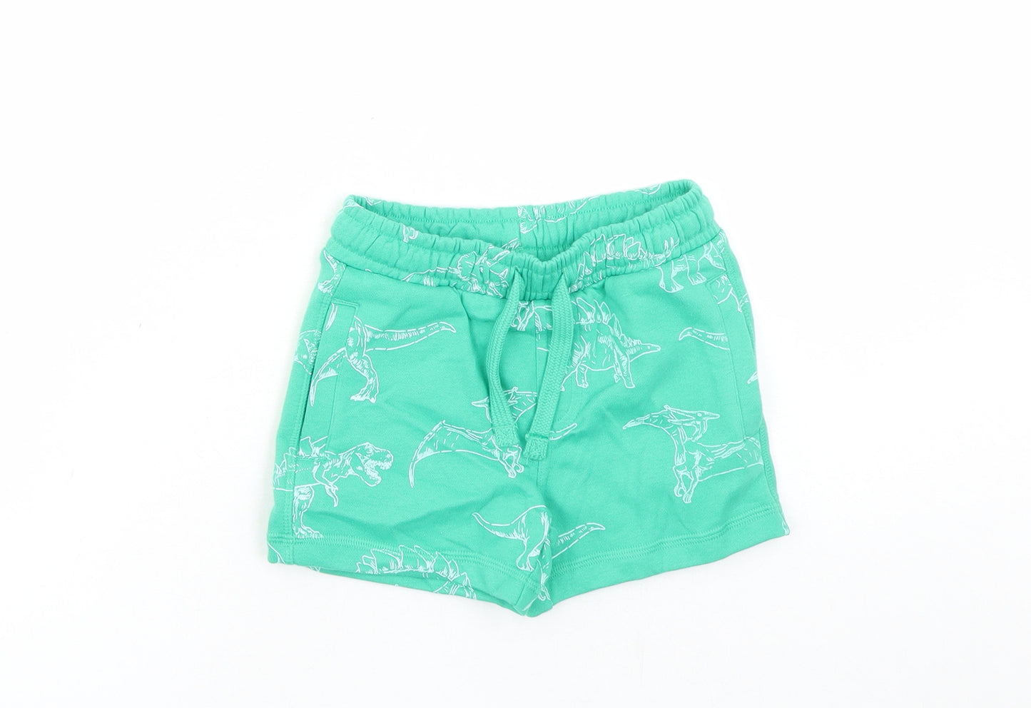 Marks and Spencer Boys Green Geometric Cotton Sweat Shorts Size 2-3 Years Regular Drawstring - Elasticated Waist Waist Size 20 Inches Inside Leg 3 Inches Dinosaur