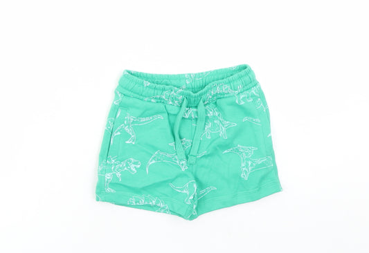 Marks and Spencer Boys Green Geometric Cotton Sweat Shorts Size 2-3 Years Regular Drawstring - Elasticated Waist Waist Size 20 Inches Inside Leg 3 Inches Dinosaur