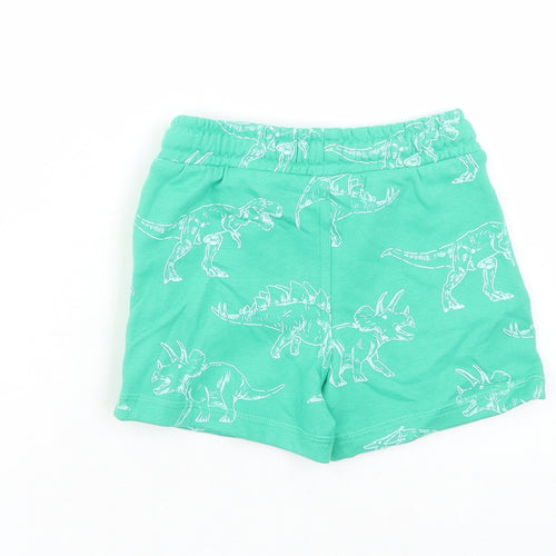 Marks and Spencer Boys Green Geometric Cotton Sweat Shorts Size 2-3 Years Regular Drawstring - Elasticated Waist Waist Size 20 Inches Inside Leg 3 Inches Dinosaur