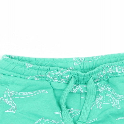 Marks and Spencer Boys Green Geometric Cotton Sweat Shorts Size 2-3 Years Regular Drawstring - Elasticated Waist Waist Size 20 Inches Inside Leg 3 Inches Dinosaur