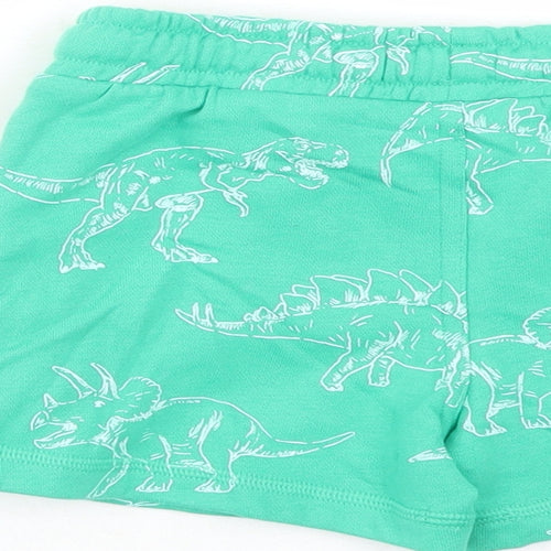 Marks and Spencer Boys Green Geometric Cotton Sweat Shorts Size 2-3 Years Regular Drawstring - Elasticated Waist Waist Size 20 Inches Inside Leg 3 Inches Dinosaur