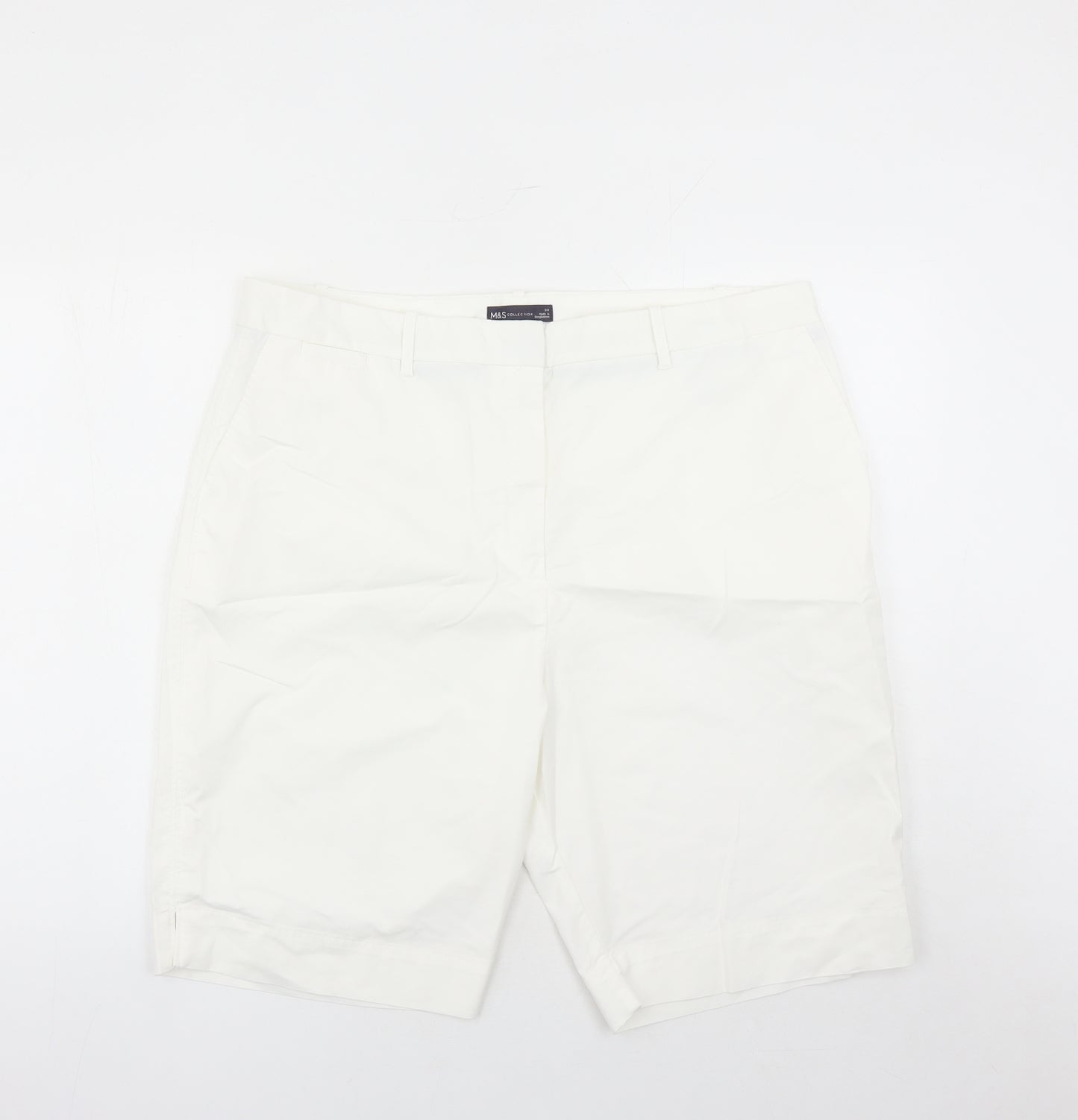 Marks and Spencer Womens White Cotton Chino Shorts Size 20 L10 in Regular Zip - Pockets