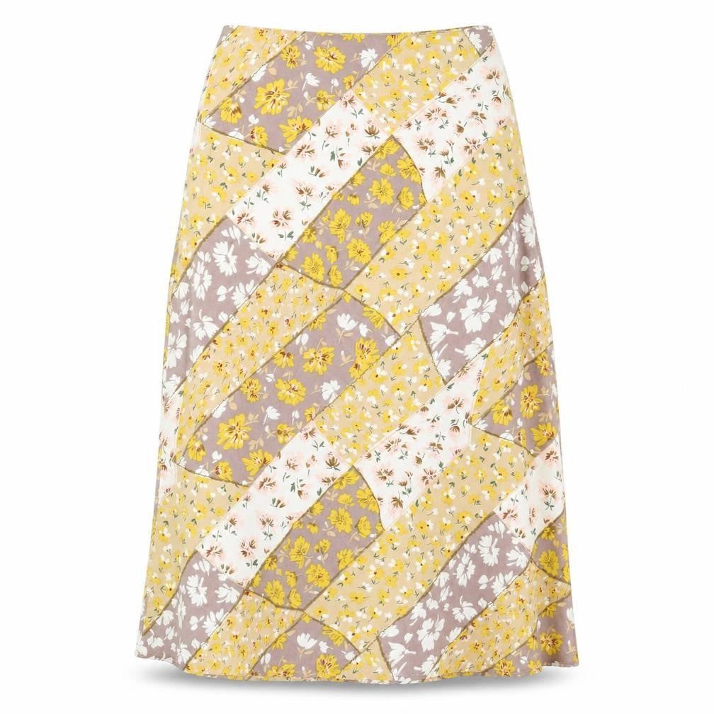 Front view of Glamaker women’s brown floral polyester a-line skirt, size M, zip