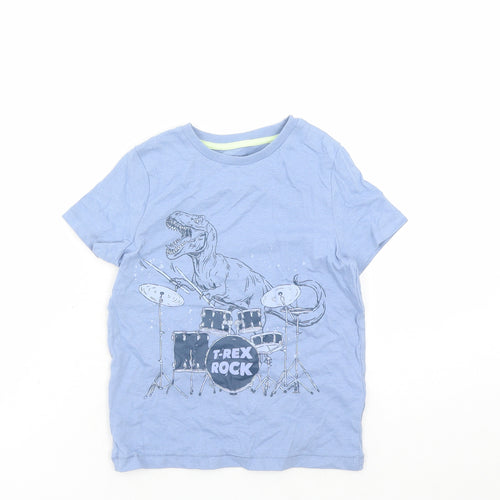 Marks and Spencer Boys Blue Cotton Basic T-Shirt Size 5-6 Years Crew Neck Pullover - T-Rex Rock