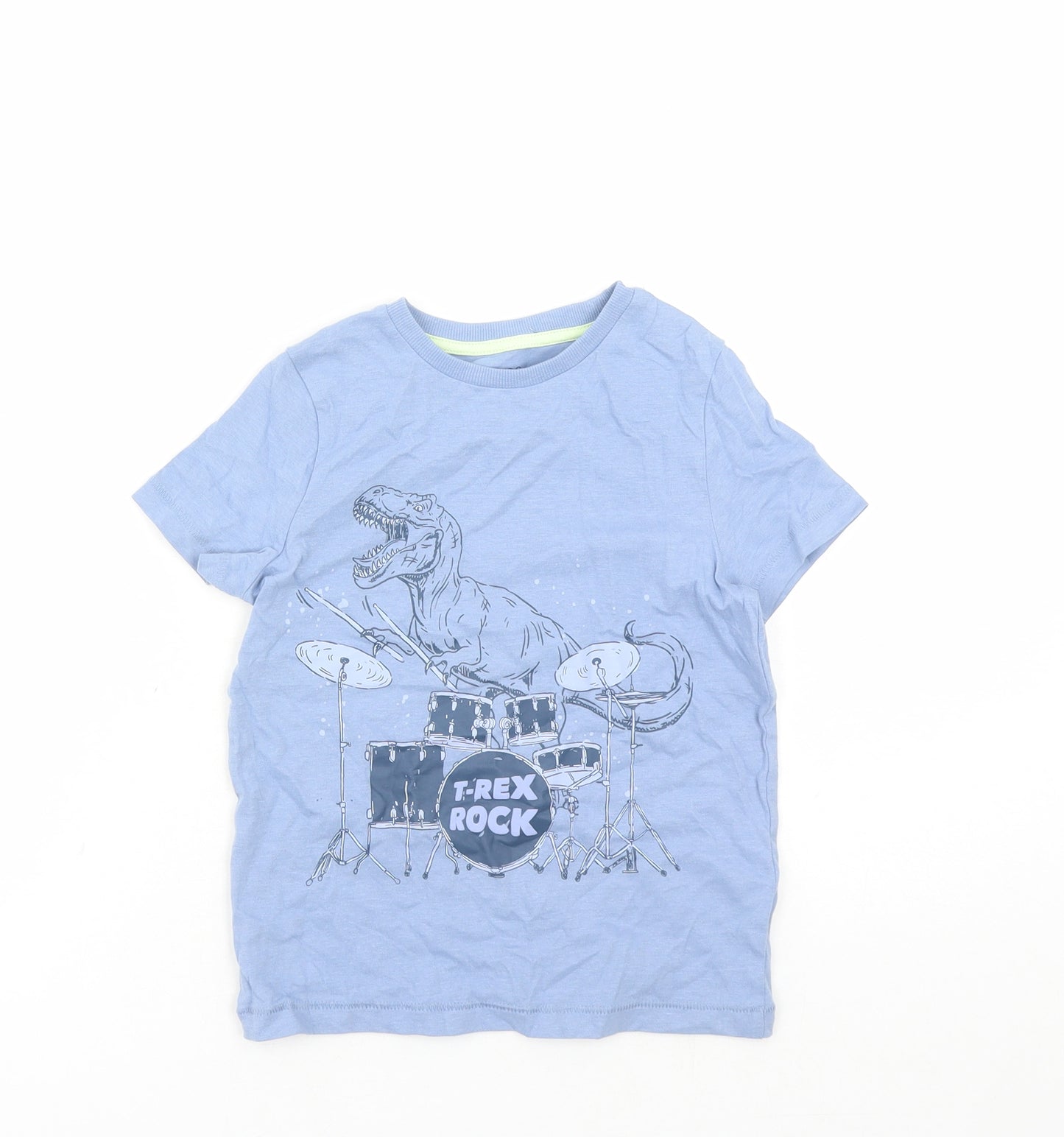 Marks and Spencer Boys Blue Cotton Basic T-Shirt Size 5-6 Years Crew Neck Pullover - T-Rex Rock