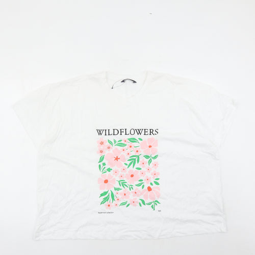 Marks and Spencer Womens White 100% Cotton Basic T-Shirt Size 24 Round Neck - Wild Flowers