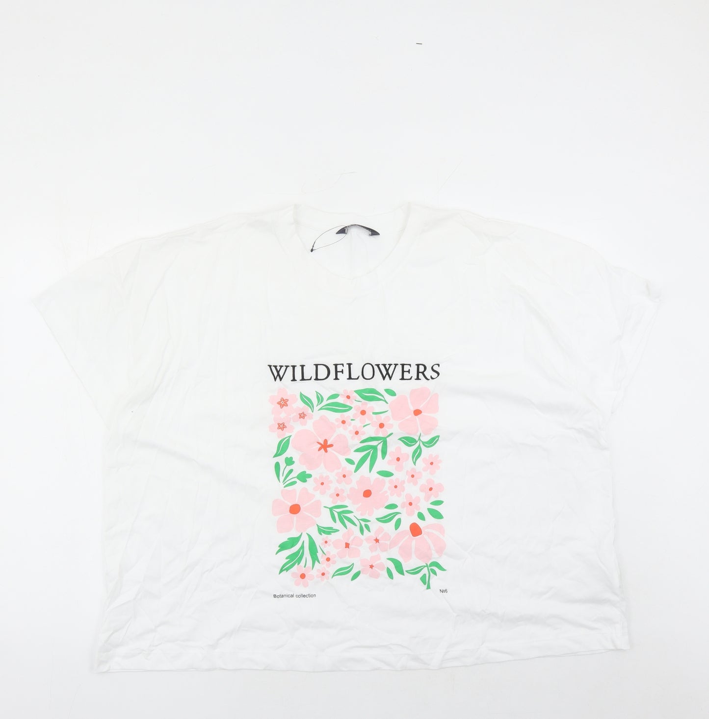 Marks and Spencer Womens White 100% Cotton Basic T-Shirt Size 24 Round Neck - Wild Flowers