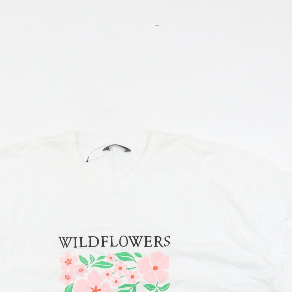 Marks and Spencer Womens White 100% Cotton Basic T-Shirt Size 24 Round Neck - Wild Flowers