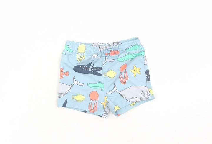 Marks and Spencer Boys Blue Geometric Polyester Sweatpants Trousers Size 6-9 Months Drawstring - Elasticated Waist Swim Shorts