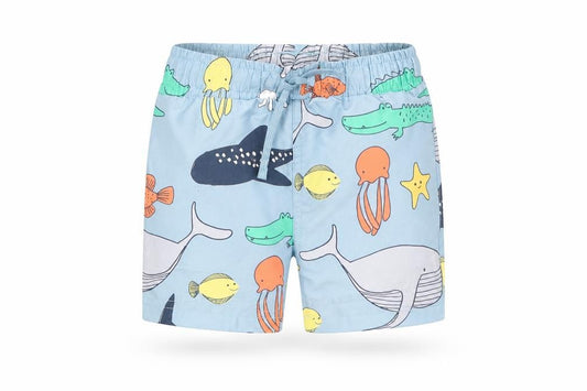 Front view of Marks & Spencer boys’ blue geometric polyester sweatpants, months drawstring - elasticated waist swim shorts