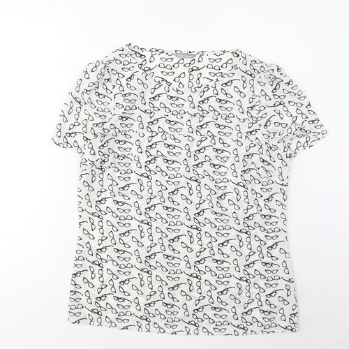Marks and Spencer Womens White Geometric Polyester Basic T-Shirt Size 8 Boat Neck - Pleated