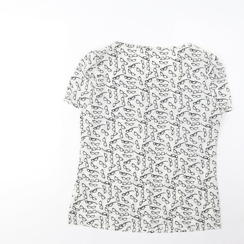 Marks and Spencer Womens White Geometric Polyester Basic T-Shirt Size 8 Boat Neck - Pleated