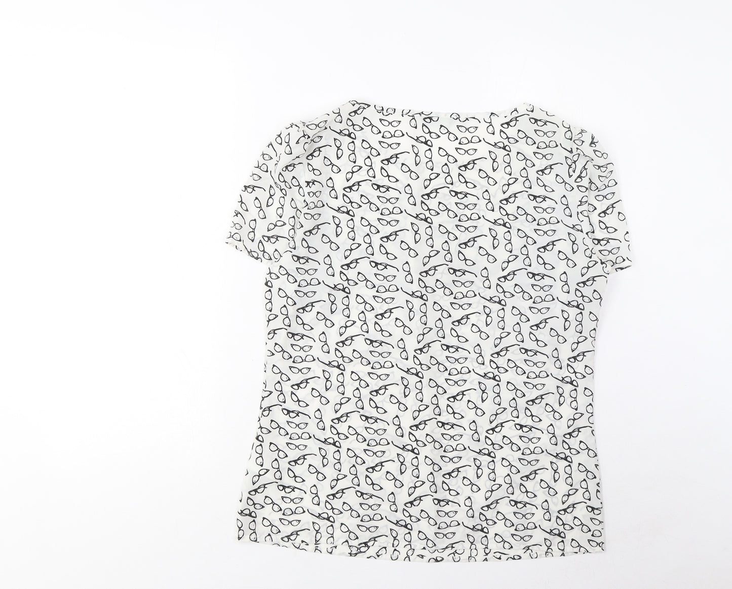 Marks and Spencer Womens White Geometric Polyester Basic T-Shirt Size 8 Boat Neck - Pleated