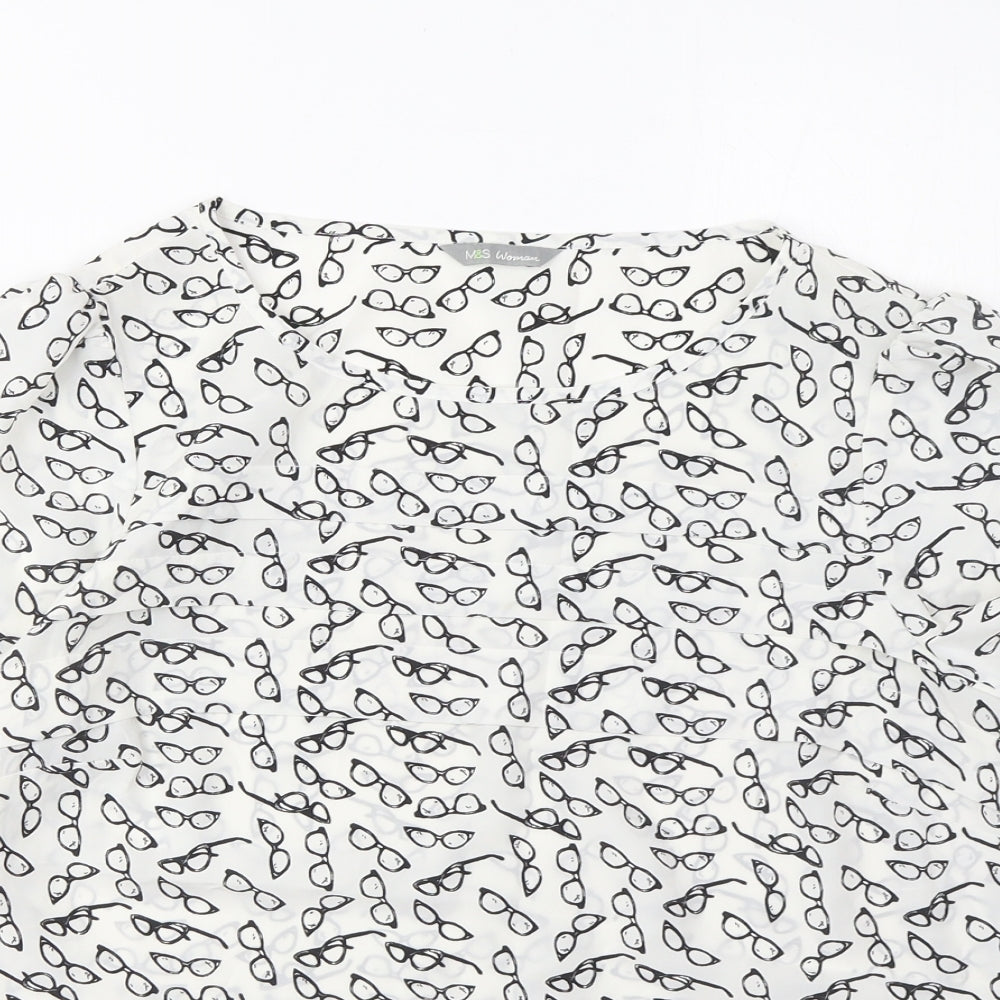 Marks and Spencer Womens White Geometric Polyester Basic T-Shirt Size 8 Boat Neck - Pleated