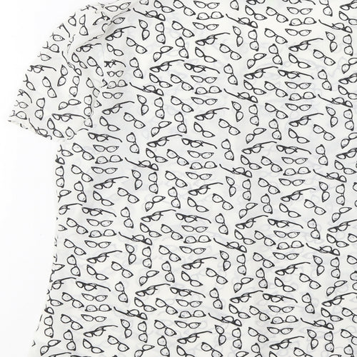 Marks and Spencer Womens White Geometric Polyester Basic T-Shirt Size 8 Boat Neck - Pleated