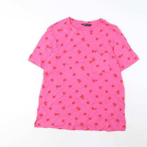 Marks and Spencer Womens Pink Floral Cotton Basic T-Shirt Size 10 Crew Neck - Pocket