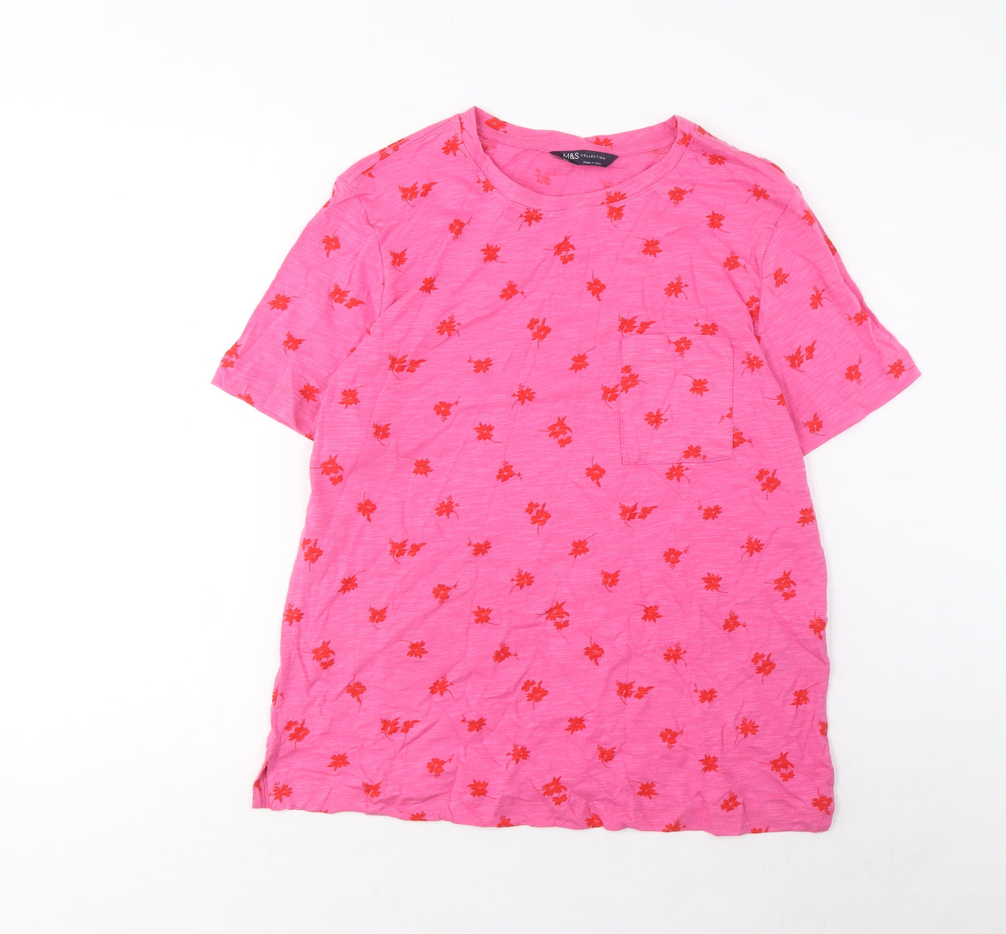 Marks and Spencer Womens Pink Floral Cotton Basic T-Shirt Size 10 Crew Neck - Pocket
