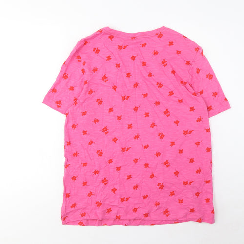 Marks and Spencer Womens Pink Floral Cotton Basic T-Shirt Size 10 Crew Neck - Pocket