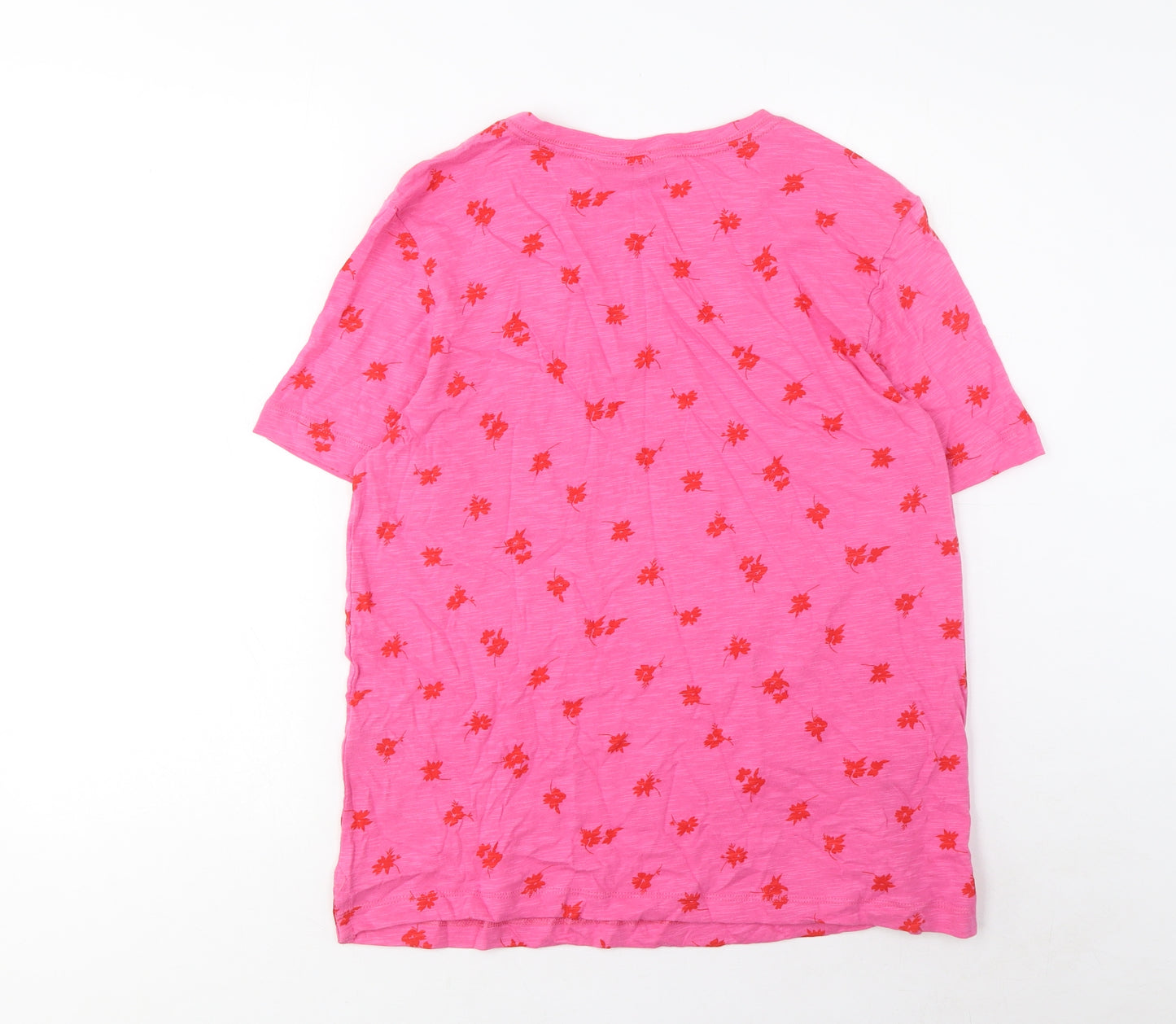 Marks and Spencer Womens Pink Floral Cotton Basic T-Shirt Size 10 Crew Neck - Pocket