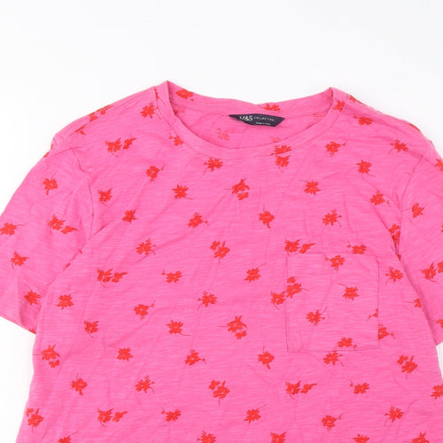 Marks and Spencer Womens Pink Floral Cotton Basic T-Shirt Size 10 Crew Neck - Pocket