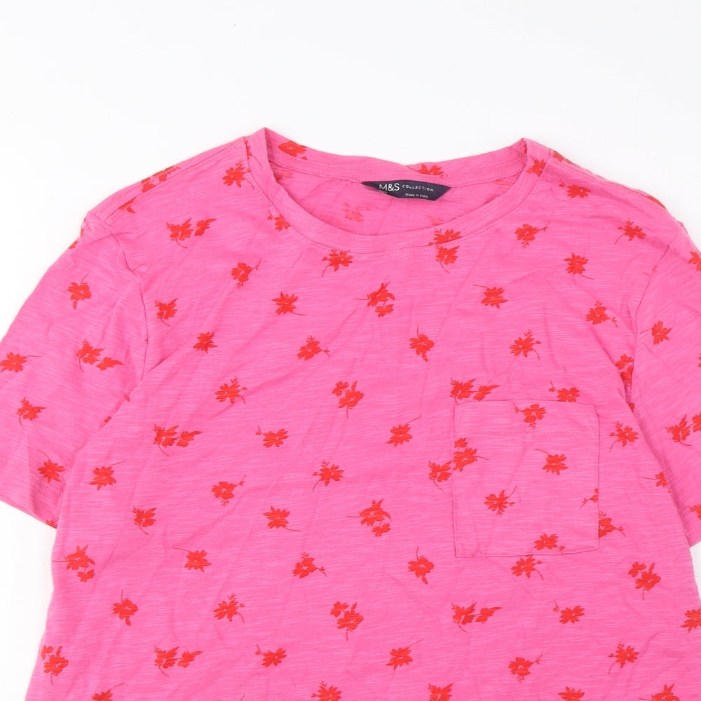 Marks and Spencer Womens Pink Floral Cotton Basic T-Shirt Size 10 Crew Neck - Pocket