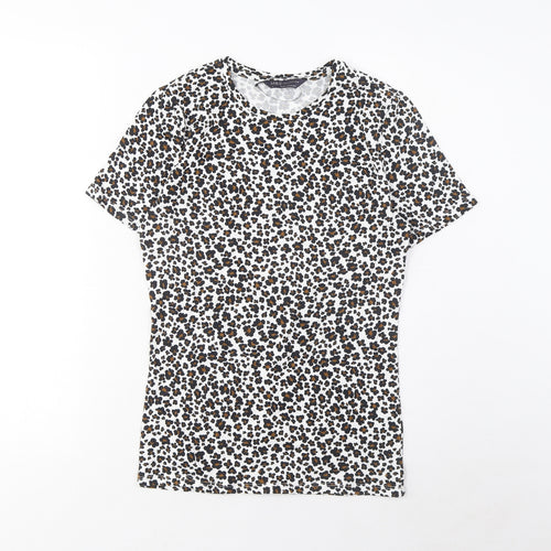 Marks and Spencer Womens Brown Animal Print Cotton Basic T-Shirt Size 8 Crew Neck