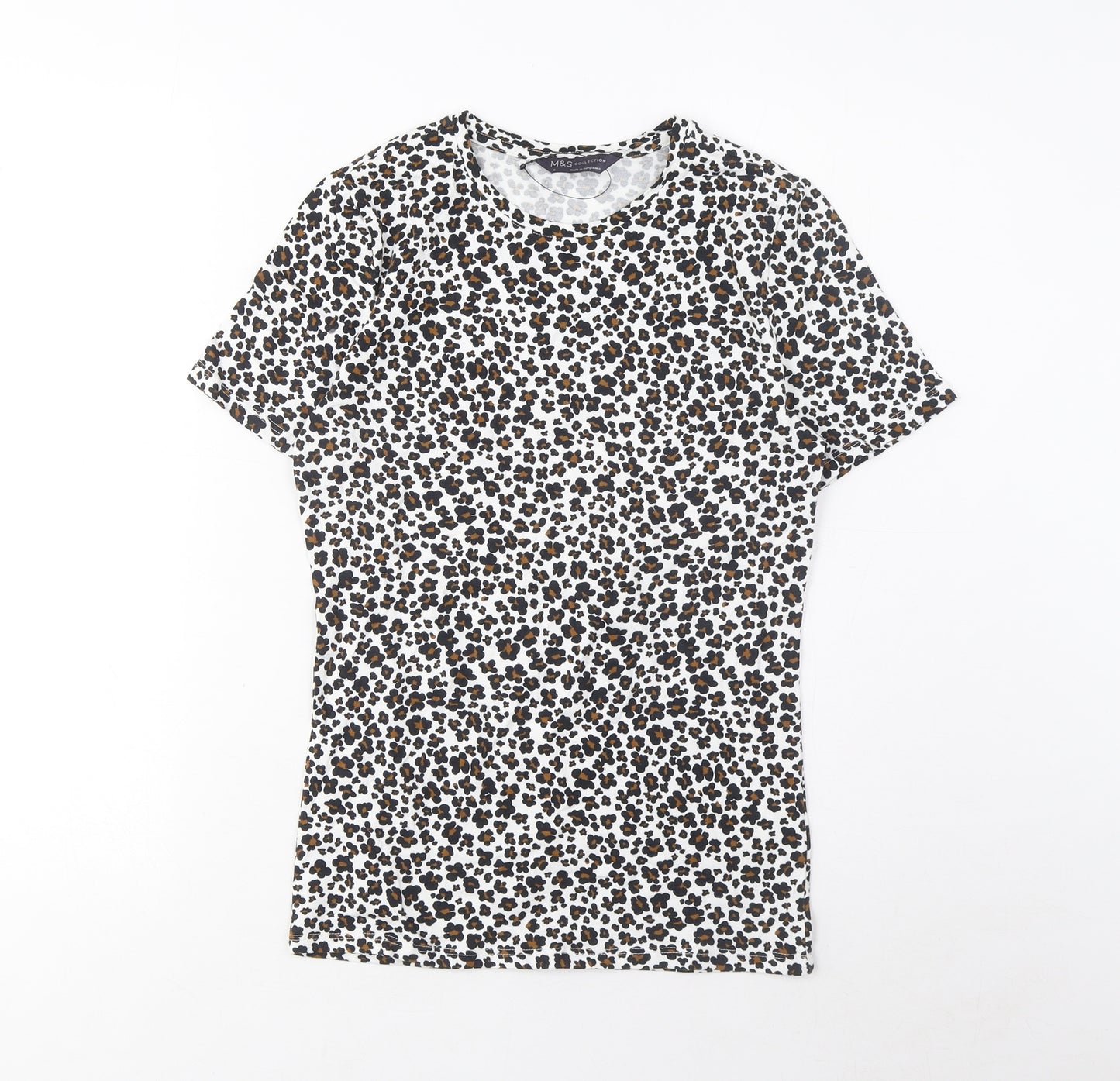 Marks and Spencer Womens Brown Animal Print Cotton Basic T-Shirt Size 8 Crew Neck