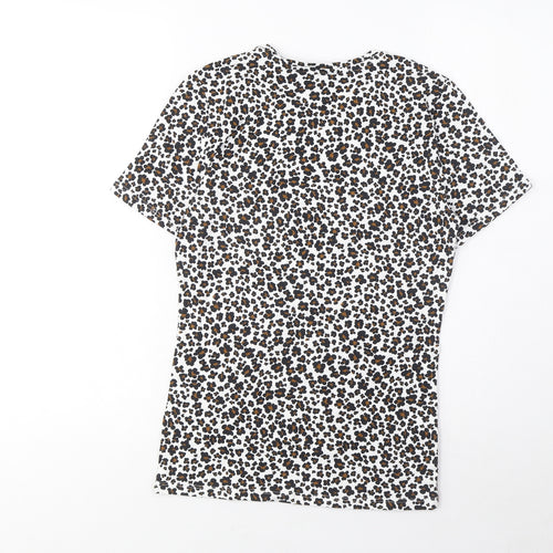 Marks and Spencer Womens Brown Animal Print Cotton Basic T-Shirt Size 8 Crew Neck