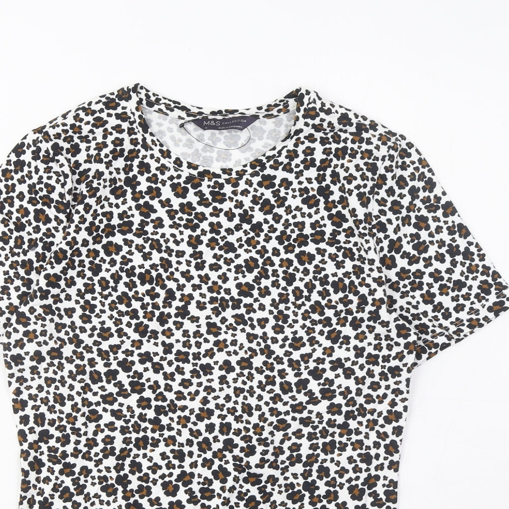 Marks and Spencer Womens Brown Animal Print Cotton Basic T-Shirt Size 8 Crew Neck