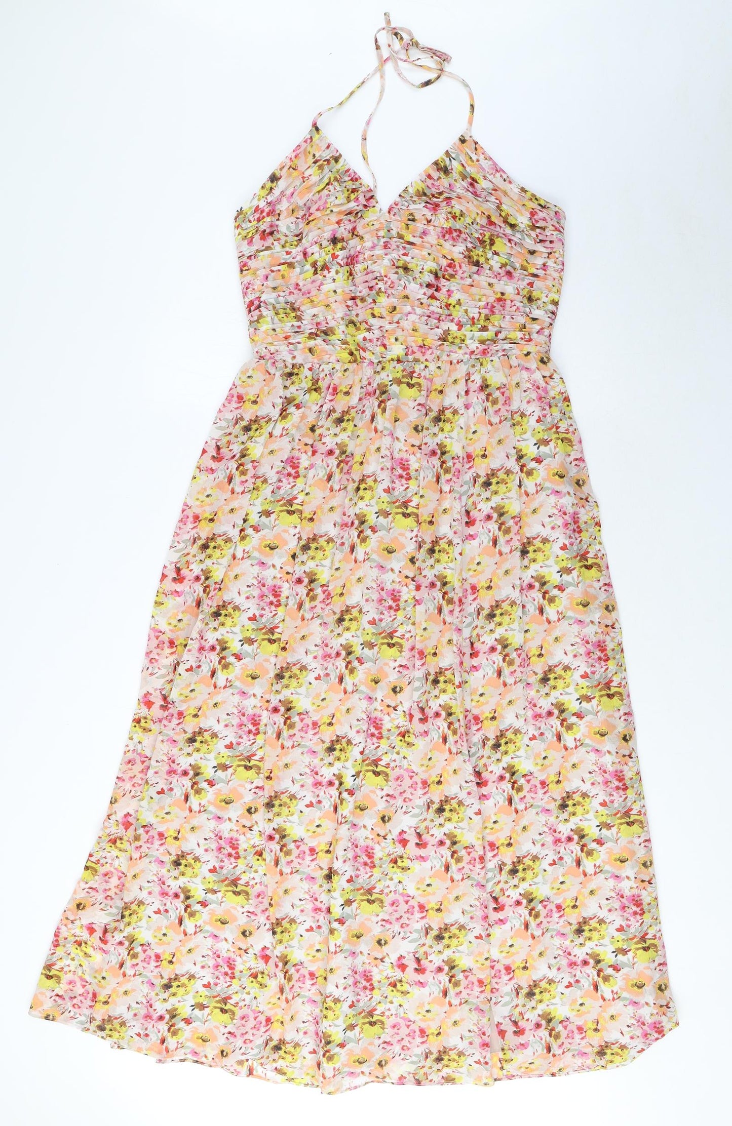 Marks and Spencer Womens Multicoloured Floral Polyester A-Line Size 10 Halter Tie - Pleated, Side Slit
