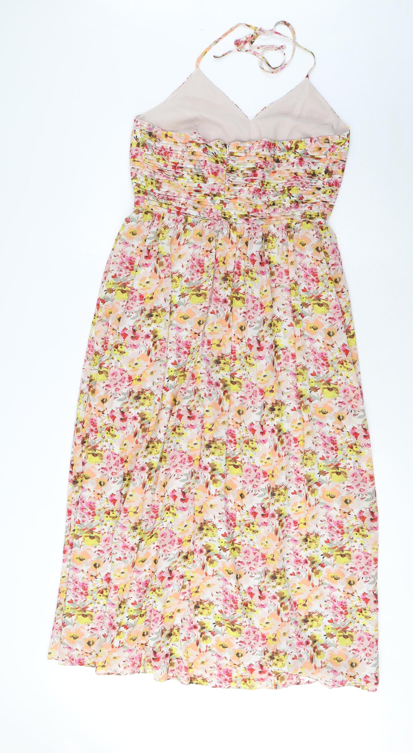 Marks and Spencer Womens Multicoloured Floral Polyester A-Line Size 10 Halter Tie - Pleated, Side Slit