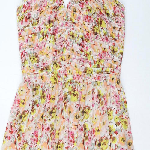 Marks and Spencer Womens Multicoloured Floral Polyester A-Line Size 10 Halter Tie - Pleated, Side Slit