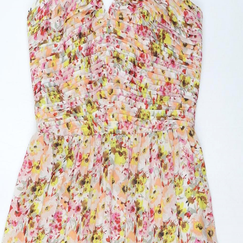 Marks and Spencer Womens Multicoloured Floral Polyester A-Line Size 10 Halter Tie - Pleated, Side Slit