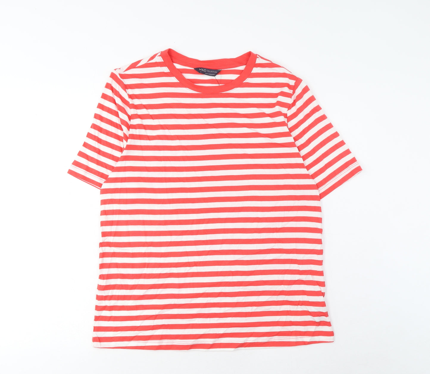 Marks and Spencer Womens Red Striped Cotton Basic T-Shirt Size 12 Crew Neck