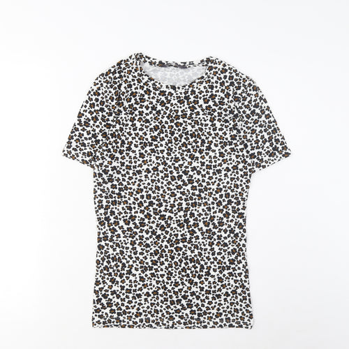 Marks and Spencer Womens Brown Animal Print Cotton Basic T-Shirt Size 6 Crew Neck