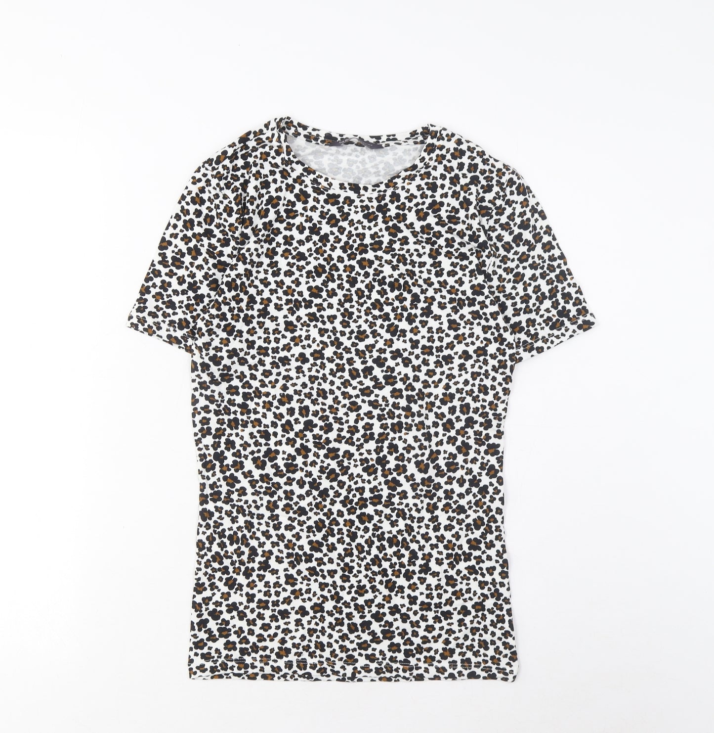 Marks and Spencer Womens Brown Animal Print Cotton Basic T-Shirt Size 6 Crew Neck